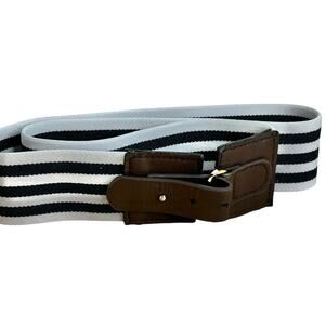 Navy White Striped Strech Belt Dark Brown Faux Leather Buckle Women S/M